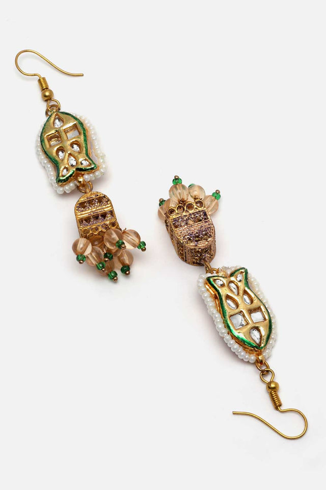 Green And Gold Kundan And Pearls Jhumkas Earring