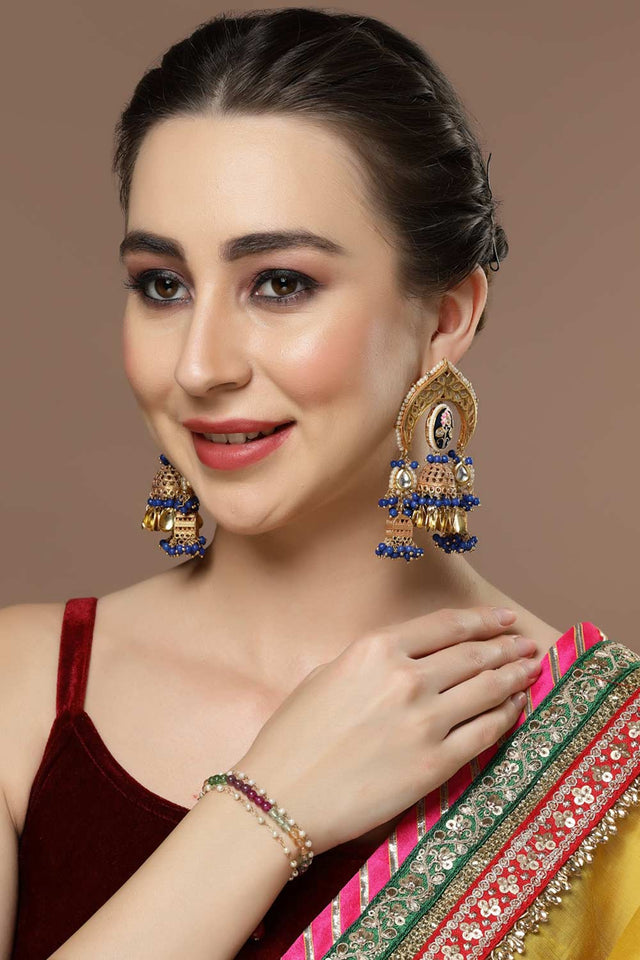 Blue And Gold Kundan And Pearls Jhumkas Earring