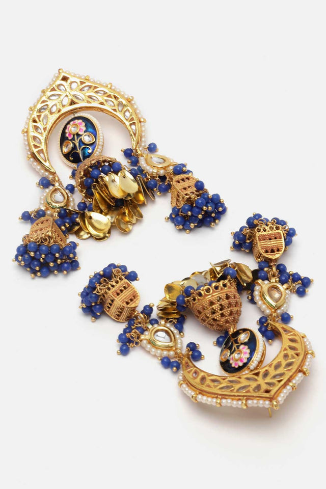 Blue And Gold Kundan And Pearls Jhumkas Earring