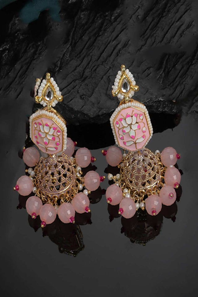 Pink And Gold Kundan And Pearls Jhumkas Earring (DGEJ23021)