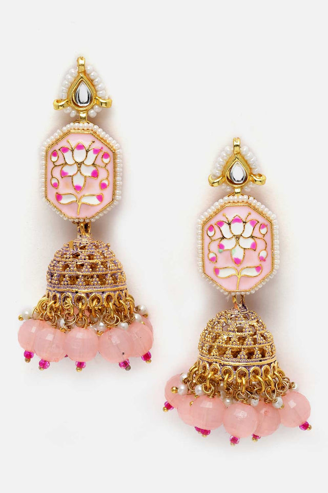 Pink And Gold Kundan And Pearls Jhumkas Earring (DGEJ23021)