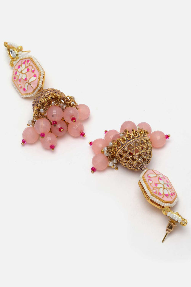 Pink And Gold Kundan And Pearls Jhumkas Earring (DGEJ23021)