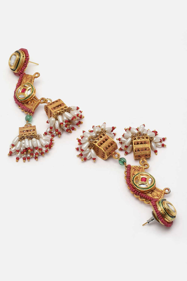 Red And Gold Kundan And Pearls Jhumkas Earring