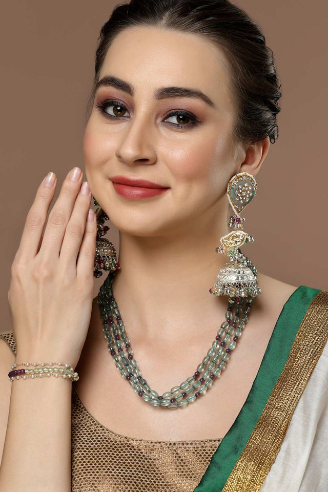 Silver Kundan And American Diamonds Jhumkas Earring