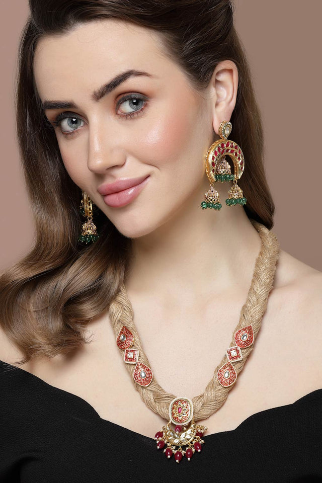 Red And Green Jhumkas Earring With Kundan And American Diamond