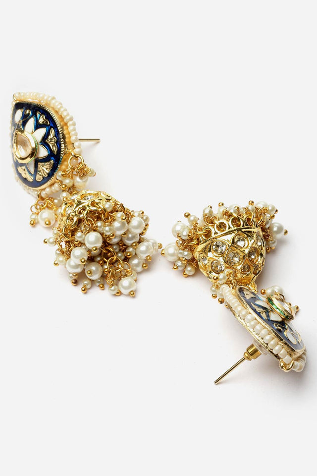 Blue And Gold Jhumkas Earring With Kundan And American Diamond