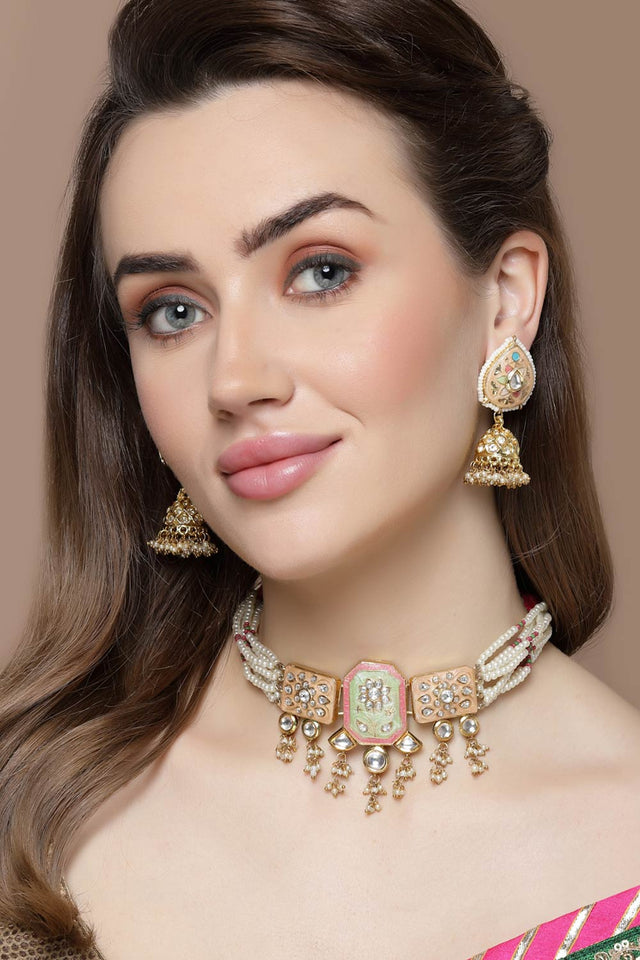 Peach And Green Jhumkas Earring With Kundan And American Diamond