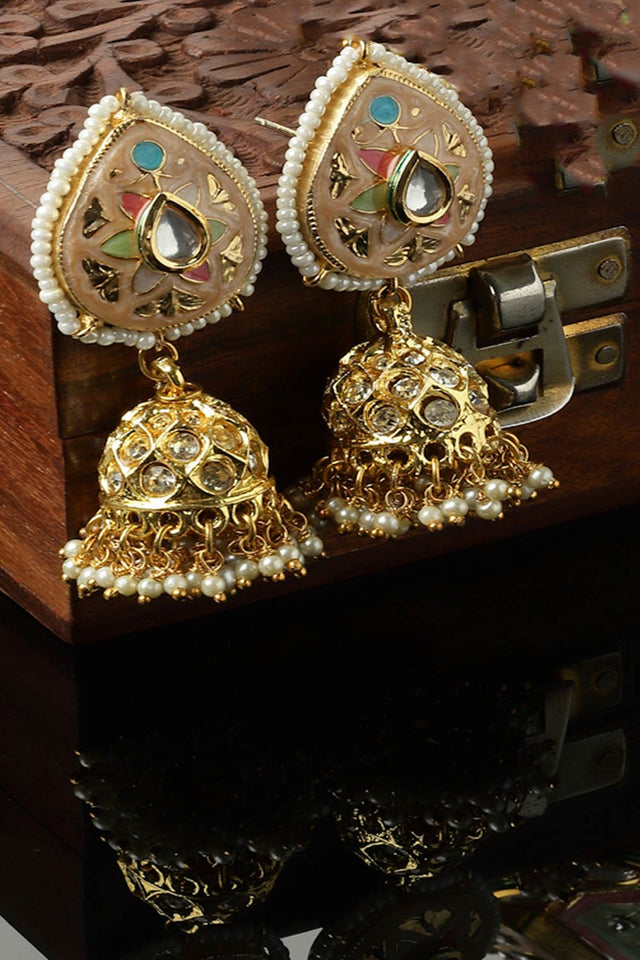 Peach And Green Jhumkas Earring With Kundan And American Diamond