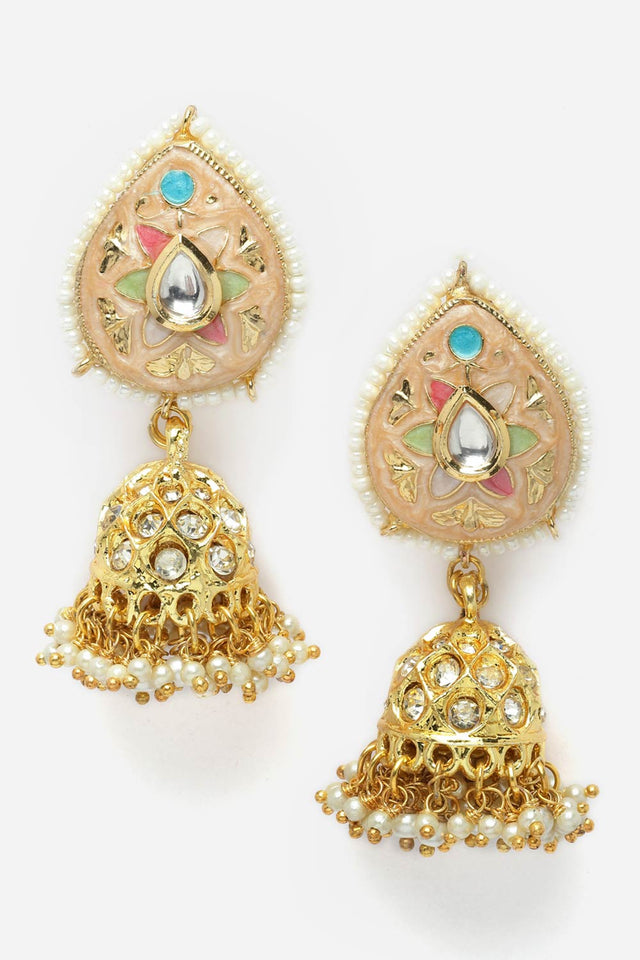 Peach And Green Jhumkas Earring With Kundan And American Diamond