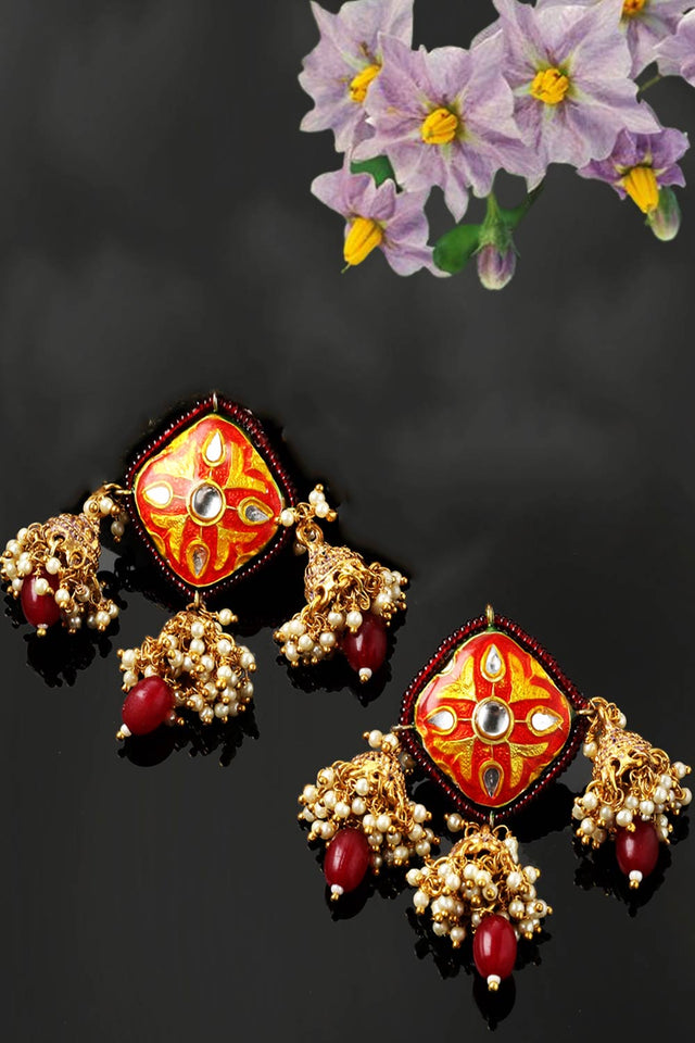 Red And Pink Jhumkas Earring With Kundan And Pearls