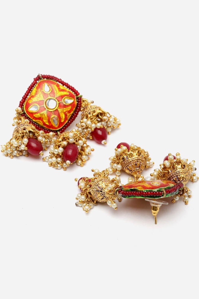Red And Pink Jhumkas Earring With Kundan And Pearls