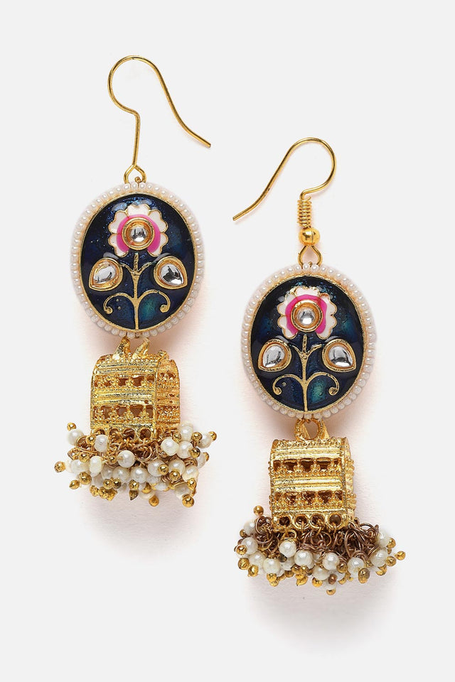 Blue And Gold Jhumkas Earring With Kundan And Pearls (DGEJ23043)