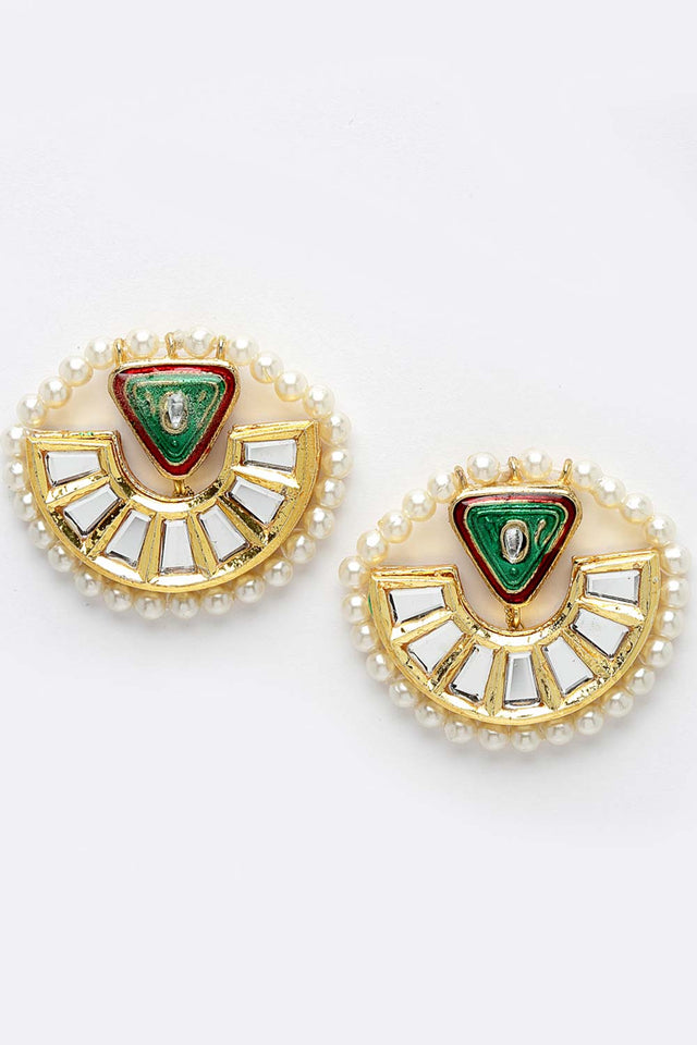 Green And Red Gold-Plated Kundan And Pearls Stud Earring