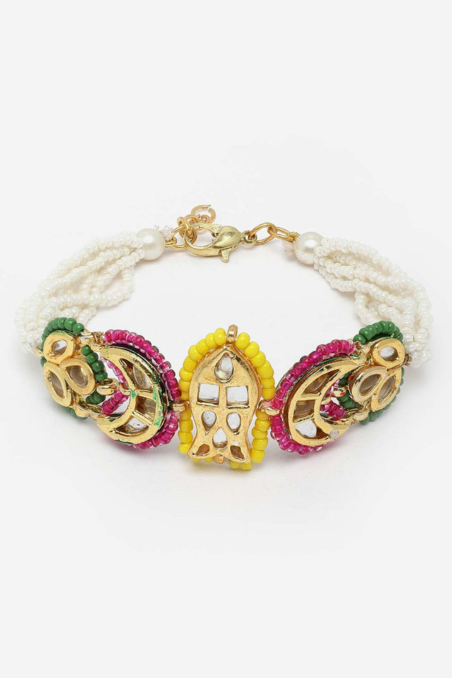 Multi-Color Gold-Plated Kundan And Pearls Bracelet