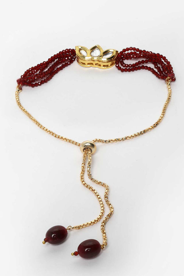 Red And Gold Gold-Plated Kundan And Pearls Bracelet