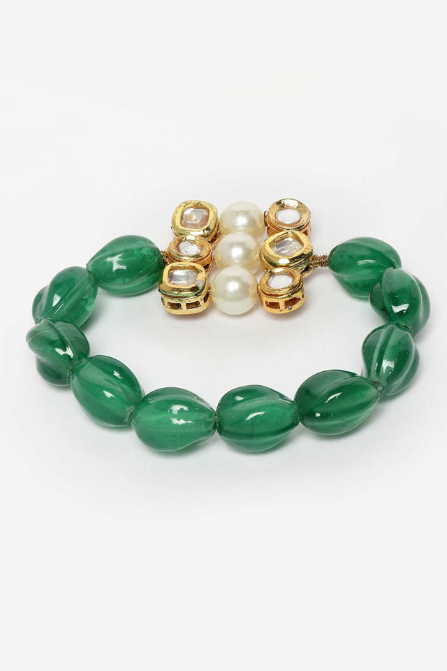 Green And Gold Gold-Plated Kundan And Pearls Bracelet