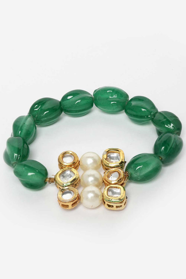 Green And Gold Gold-Plated Kundan And Pearls Bracelet