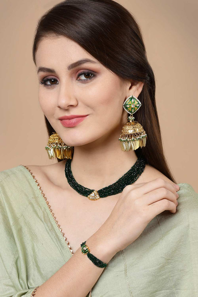 Green And Gold Gold-Plated Kundan And Pearls Bracelet
