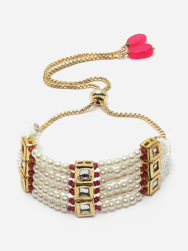 Red And Cream Layered Bracelet With Kundan And Pearls