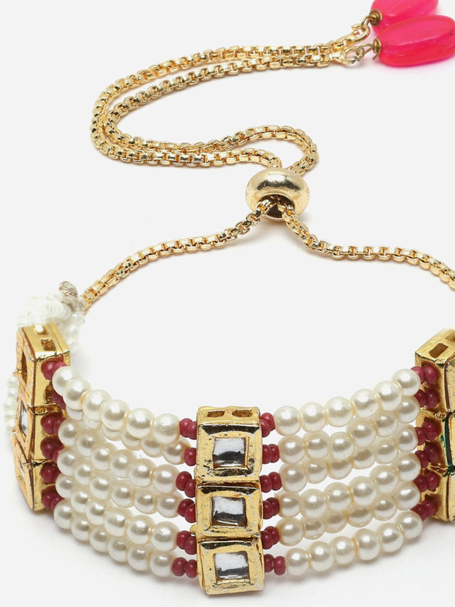Red And Cream Layered Bracelet With Kundan And Pearls
