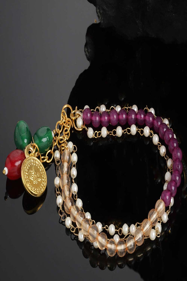 Peach And Purple Pearls And Natural Stones Adjustable Bracelet