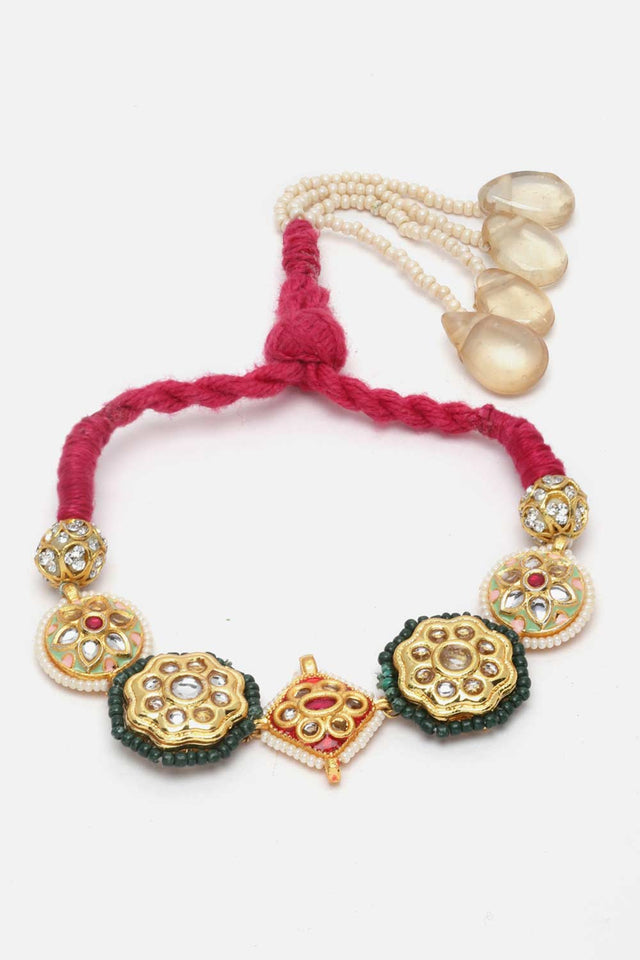 White And Green Kundan And Pearls Adjustable Bracelet