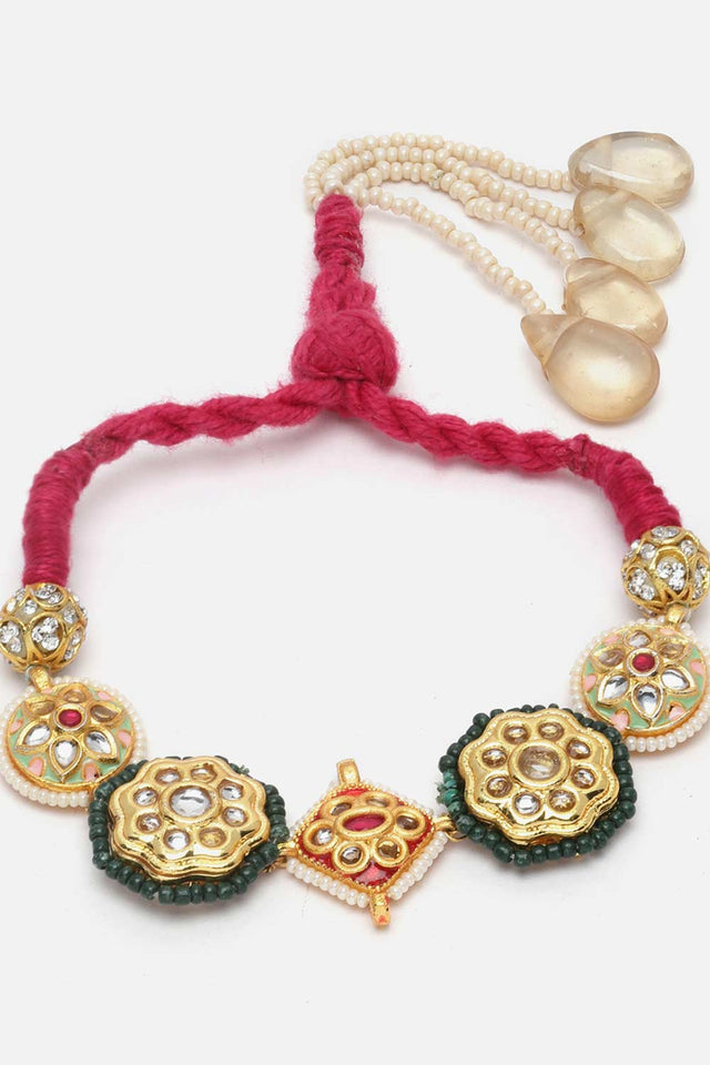 White And Green Kundan And Pearls Adjustable Bracelet