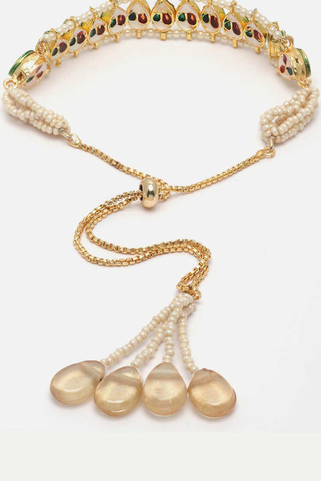 Gold And White Kundan And Pearls Adjustable Bracelet