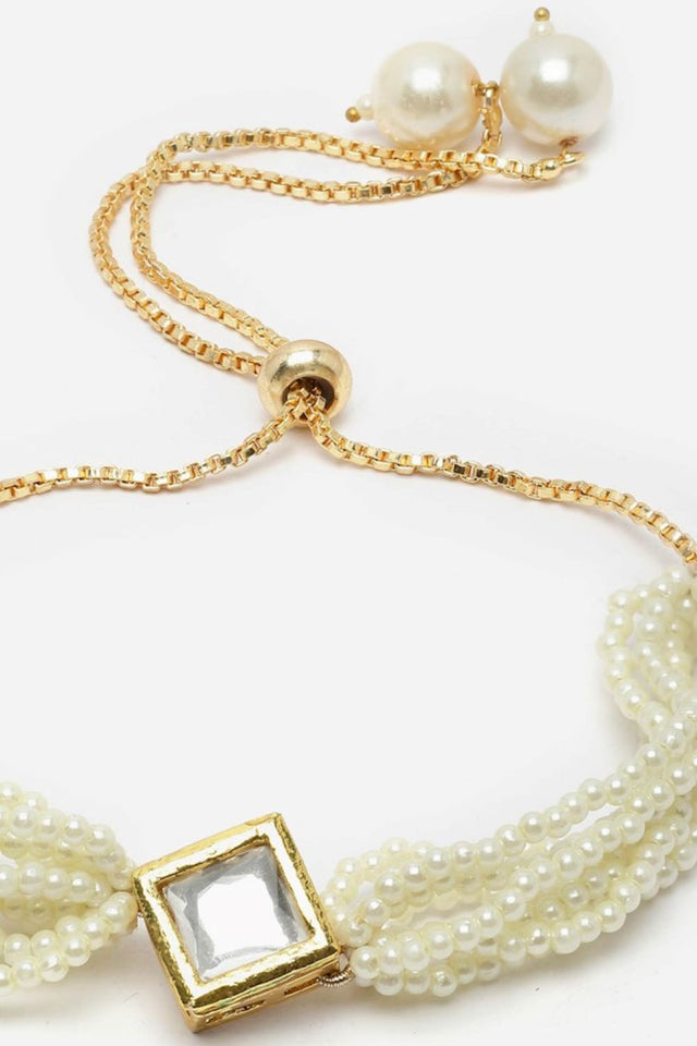 Gold And White Adjustable Bracelet With Kundan And Pearls