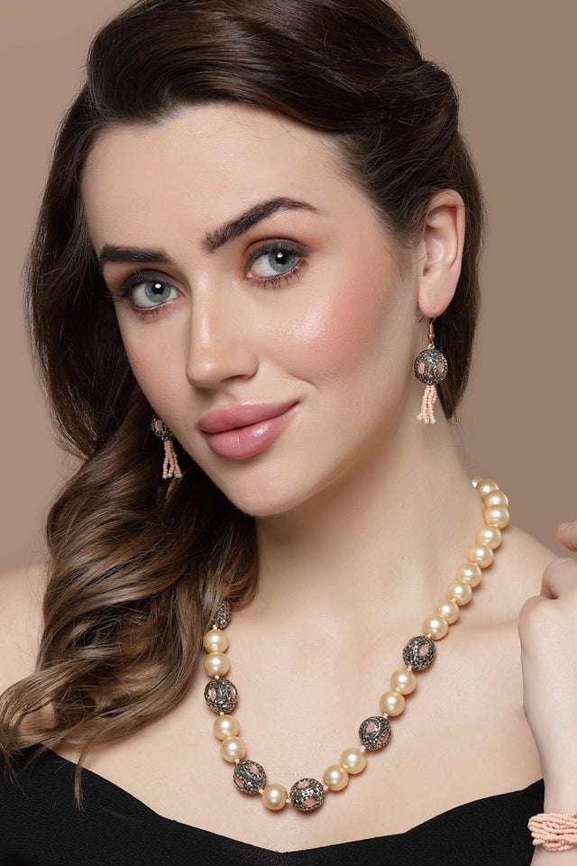 Peach And Black Adjustable Bracelet With Kundan And American Diamond