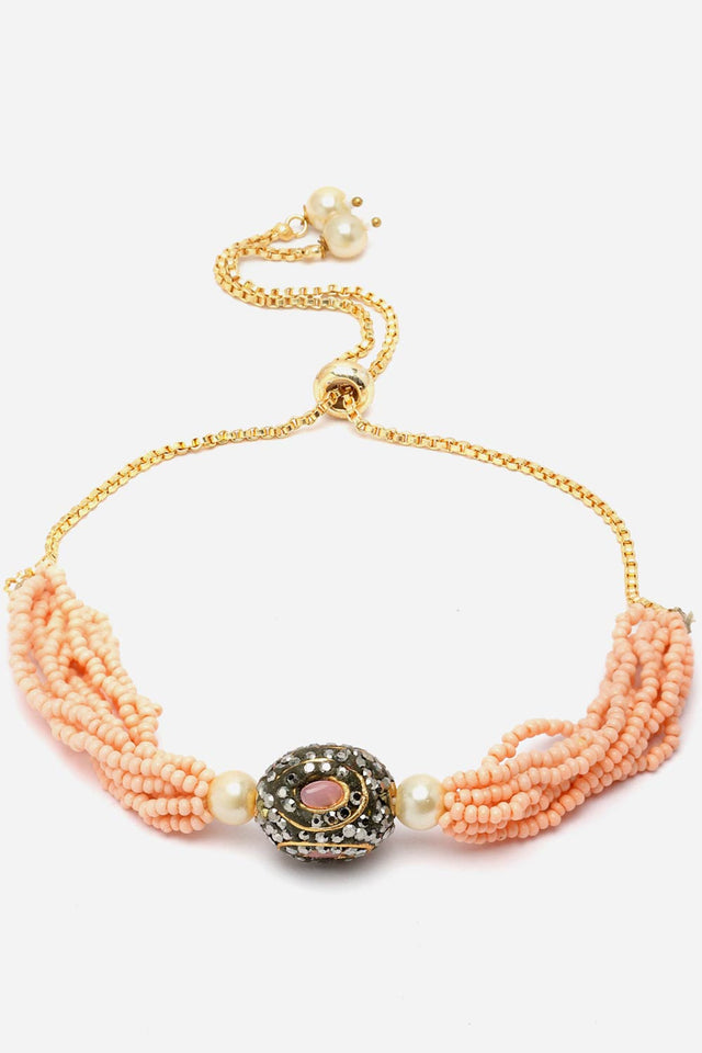 Peach And Black Adjustable Bracelet With Kundan And American Diamond