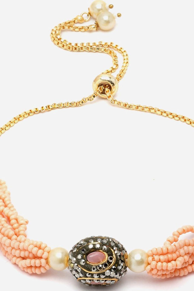 Peach And Black Adjustable Bracelet With Kundan And American Diamond