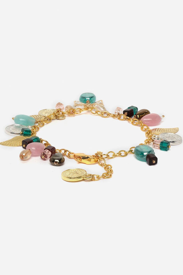 Green And Pink Adjustable Bracelet With Pearls And Natural Stones