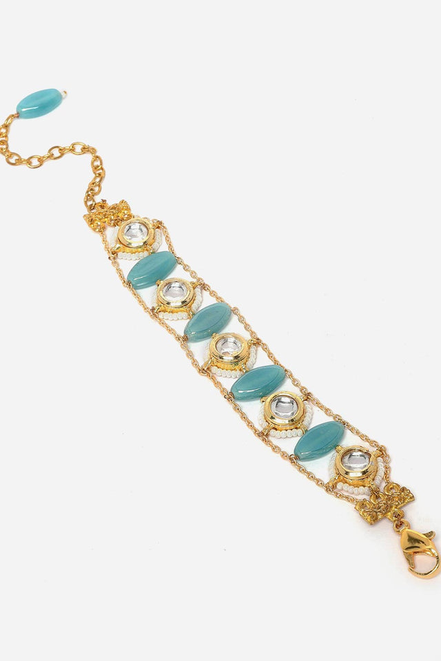 Blue And Gold Adjustable Bracelet With Kundan And Pearls