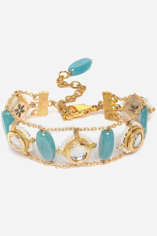 Blue And Gold Adjustable Bracelet With Kundan And Pearls