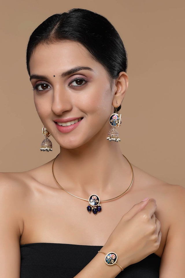 Blue And Gold Adjustable Bracelet With Kundan And Pearls