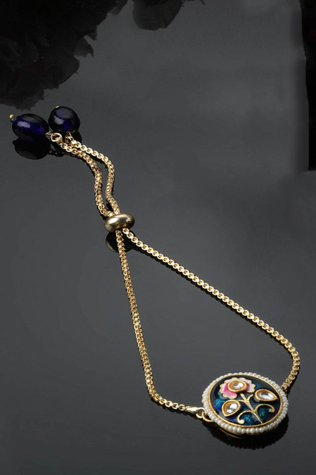 Blue And Gold Adjustable Bracelet With Kundan And Pearls