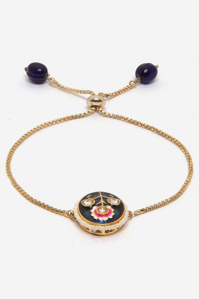 Blue And Gold Adjustable Bracelet With Kundan And Pearls