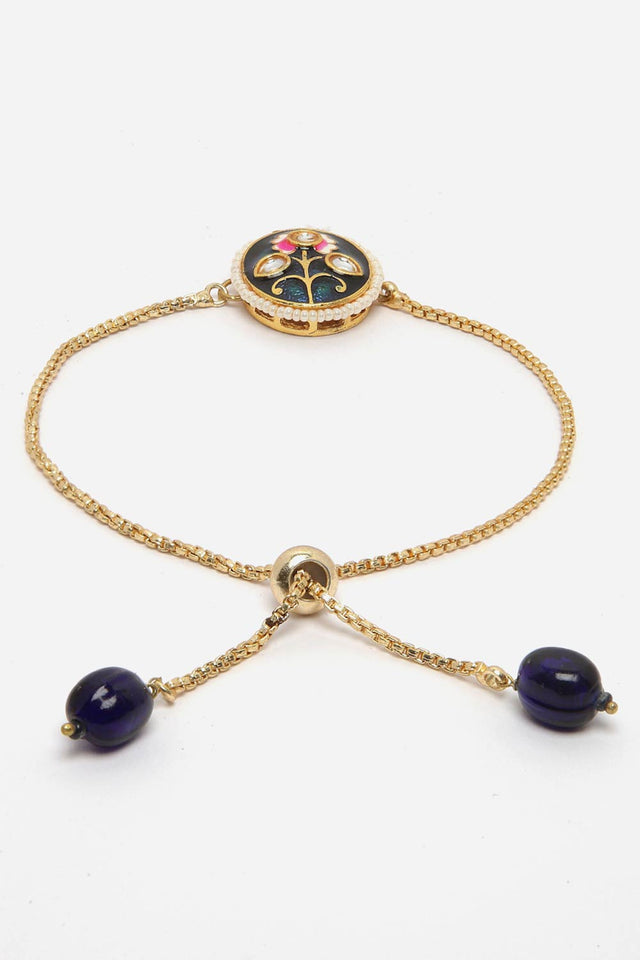 Blue And Gold Adjustable Bracelet With Kundan And Pearls