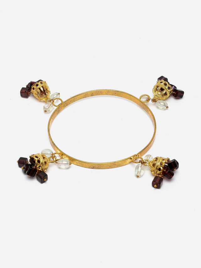 Gold And Maroon Designer Bangle With Pearls And Natural Stones