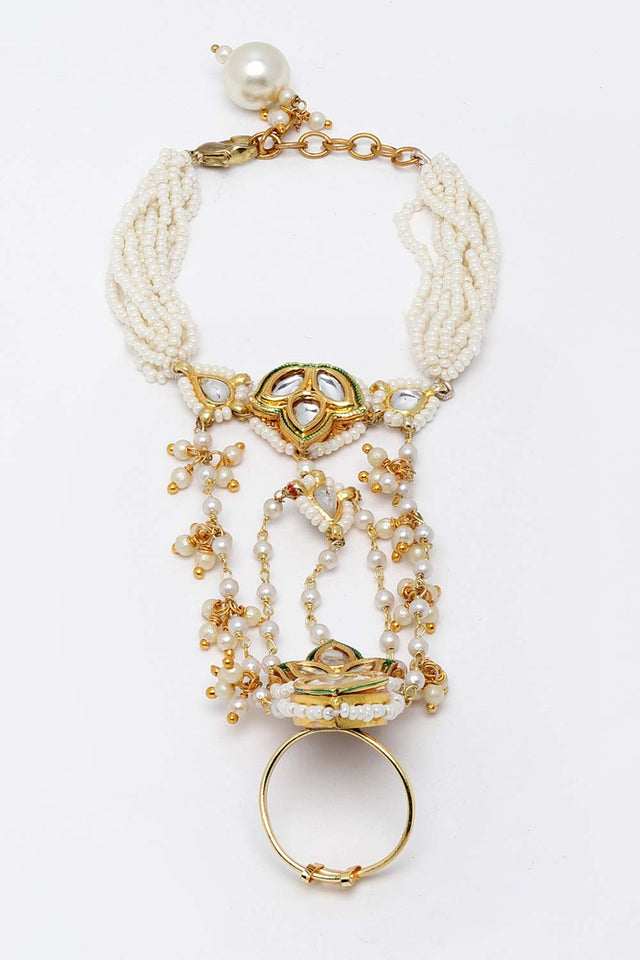Gold And White Gold-Plated Kundan And Pearls Hathphool