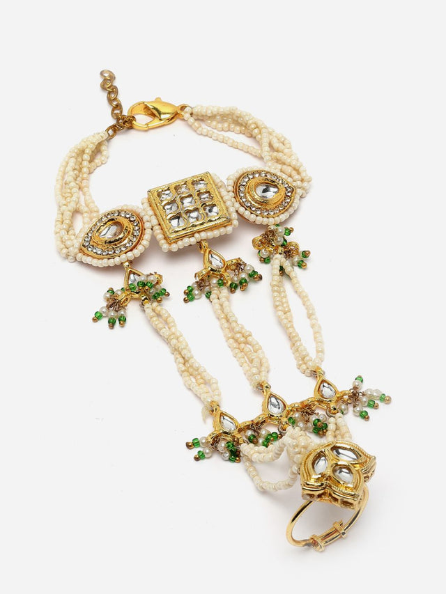 Green And Gold Adjustable Hathphool With Kundan And American Diamonds