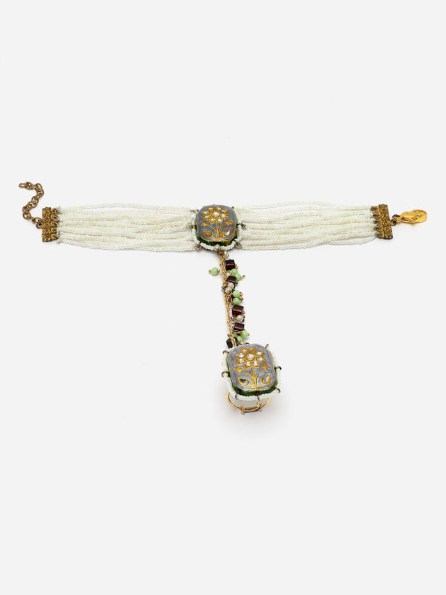 Blue And Green Adjustable Hathphool With Kundan And Pearls