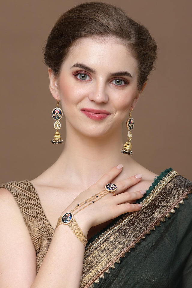 Blue And Gold Adjustable Hathphool With Kundan And Pearls