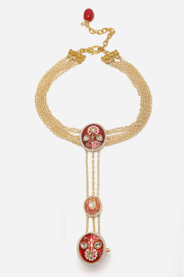 Red And Gold Adjustable Hathphool With Kundan And Pearls