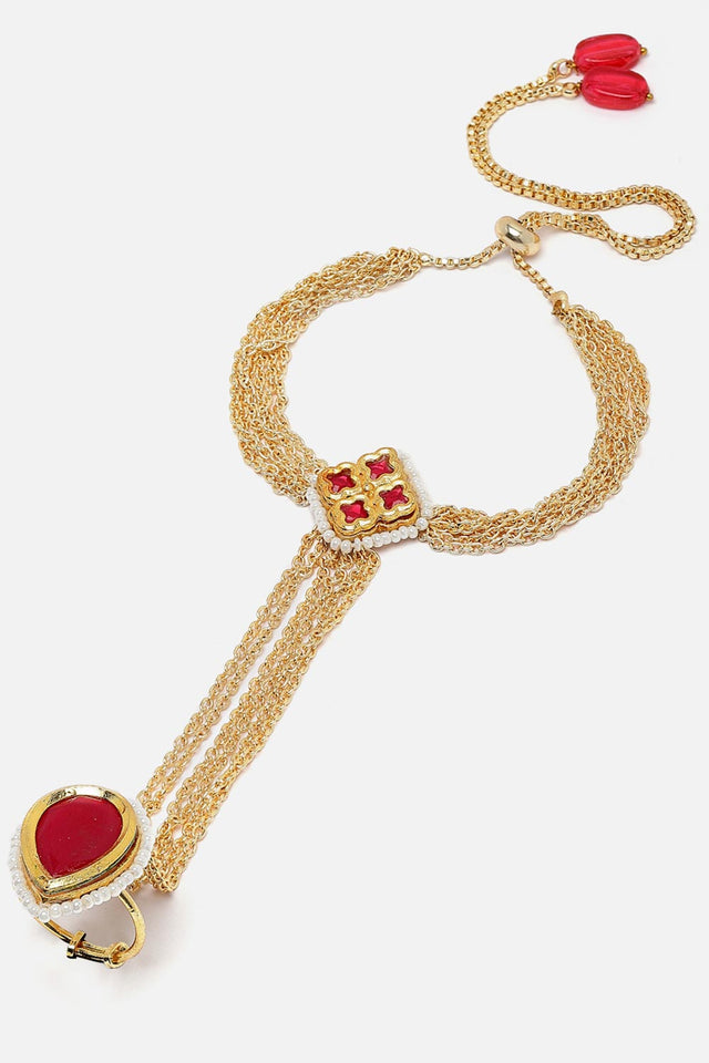 Pink And Gold Adjustable Hathphool With Kundan And Pearls