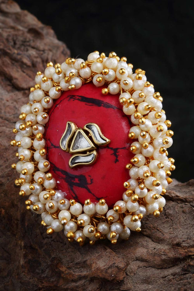 Red And White Gold-Plated Kundan And Pearls Ring (DGH1R122001)