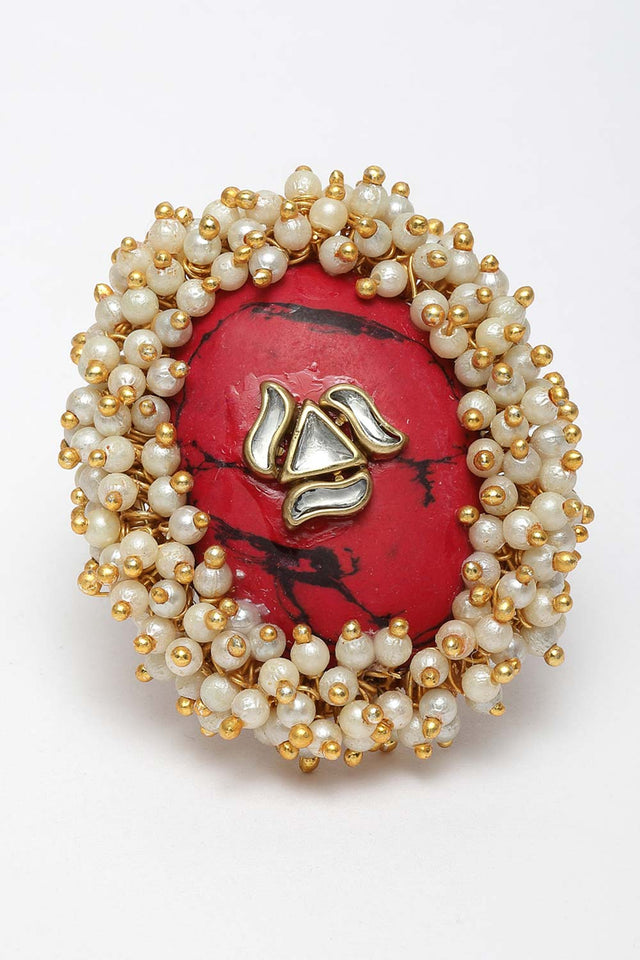 Red And White Gold-Plated Kundan And Pearls Ring (DGH1R122001)