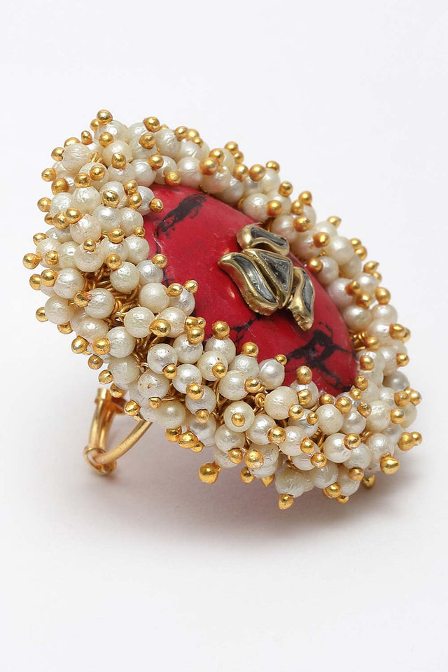 Red And White Gold-Plated Kundan And Pearls Ring (DGH1R122001)