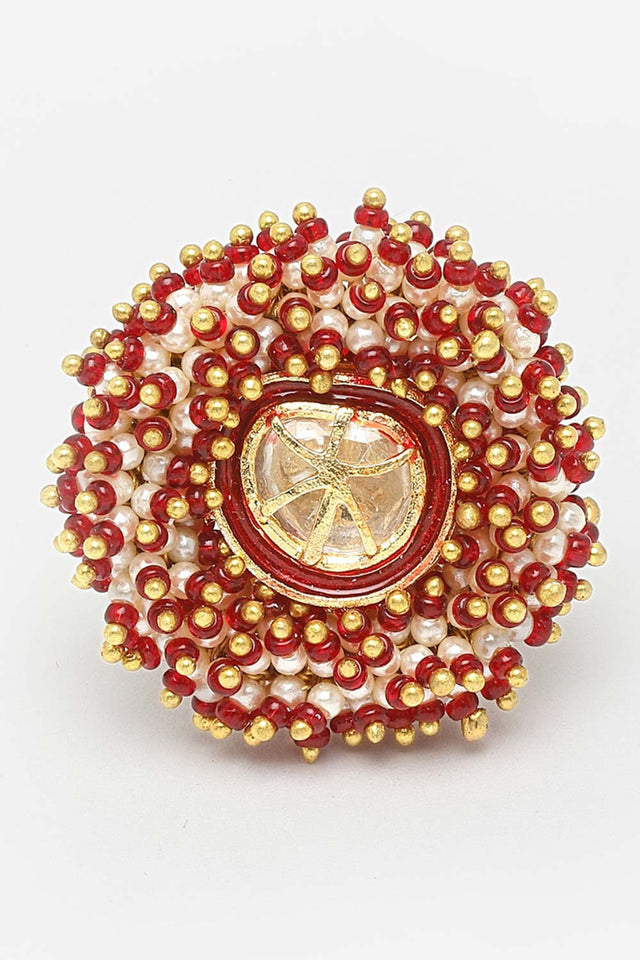 Red Gold-Plated Kundan And Pearls Ring